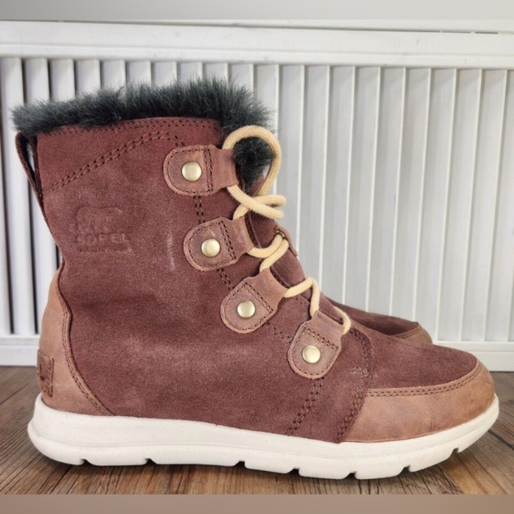 LIKE NEW SOREL EXPLORER JOAN WATERPROOF BROWN & CREAM SUEDE WINTER BOOTS